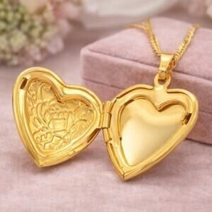 Dainty Gold Tone Necklace Heart Locket Floral Rose Valentine's Birthday Gift